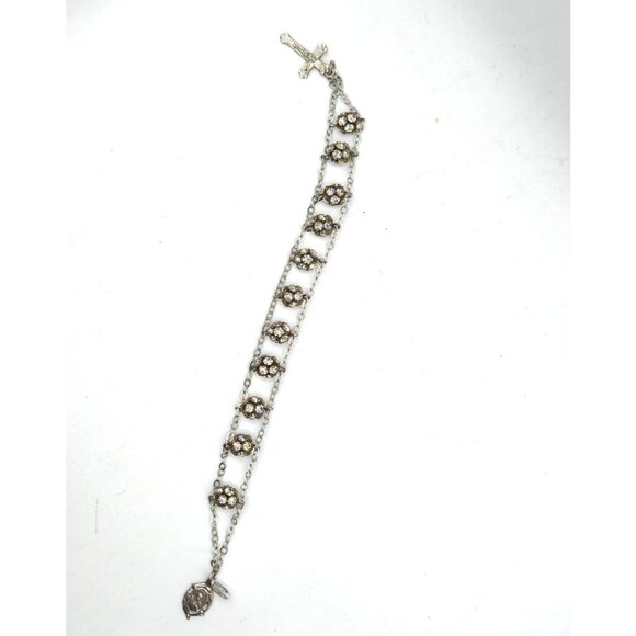 Vintage Chapel Sterling Silver Signed Rosary Bracelet Aurora Borealis Crystal 8" - Picture 2 of 8